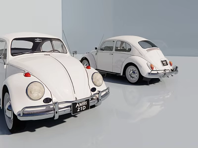 Two Vintage White Beetle Cars Parked In Modern Clean Display Space 3d model