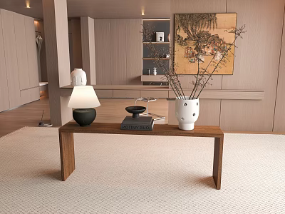 Modern Wooden Console Table with White Vase Lamp Branches and Black Decor in Living Room 3d model