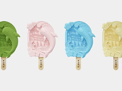 Colorful Dolphin Shaped Ice Creams with Building Patterns on Wooden Sticks 3d model