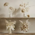 Dried Flowers in Glass Vases on Wooden Shelves with Hydrangea Feathery Blooms and Pine Cones