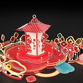 Traditional Chinese Paper Cutting Art Installation With Red Pavilion And Fortune Symbols