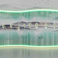 Illuminated Green Vertical Slat Partition With Hanging Ornaments And Mountain Landscape