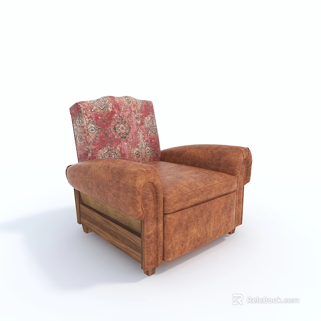 Comfortable Single Sofa With Patterned Backrest Brown Leather Seats And Wooden Base 3d model
