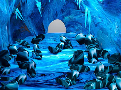 Cartoon Ice Cave Scene with Black Stones Blue Water Surface Icicles and Round Entrance 3d model