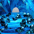 Cartoon Ice Cave Scene with Black Stones Blue Water Surface Icicles and Round Entrance