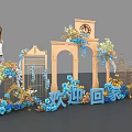 Photo Spot With Circular Heart Shaped Decorations Blue Gold Flowers And Welcome Home Logo