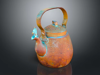 Rustic Copper Kettle with Hammered Texture Patina Finish and Handle as Essential Household Item 3d model