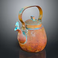 Rustic Copper Kettle with Hammered Texture Patina Finish and Handle as Essential Household Item