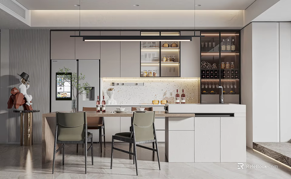 Modern Restaurant Interior Design With White Bar Counter Wine Racks And Seating 3d model 