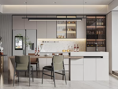 Modern Restaurant Interior Design With White Bar Counter Wine Racks And Seating 3d model