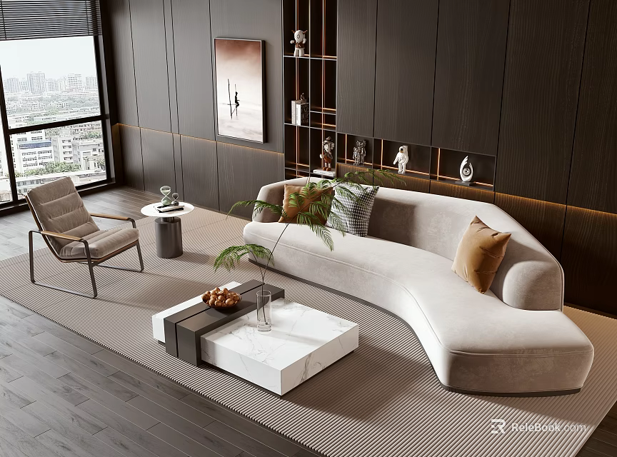 Curved Sofa And Coffee Table In Modern Living Room With City View And Decorative Items 3d model 