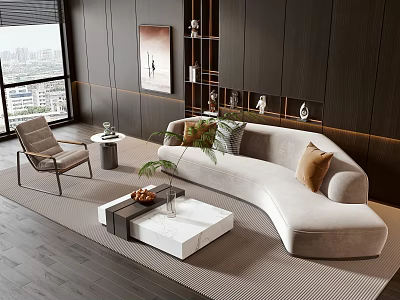Curved Sofa And Coffee Table In Modern Living Room With City View And Decorative Items 3d model