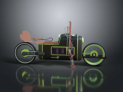 Showcase Retro Futuristic Motorcycle with Brown Seat Green Rims Black Body and Side Mounted Rifle 3d model