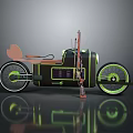 Showcase Retro Futuristic Motorcycle with Brown Seat Green Rims Black Body and Side Mounted Rifle