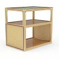 Elegant Golden Frame Display Shelf With Two Tiers Wooden Shelves And Woven Pattern Sides