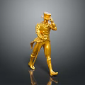 Golden Human Statue With Top Hat Decorated Coat Holding Cane On Black Background With Reflection