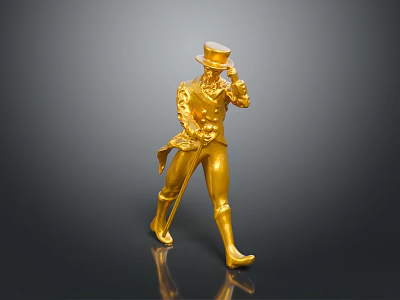 Golden Human Statue With Top Hat Decorated Coat Holding Cane On Black Background With Reflection 3d model