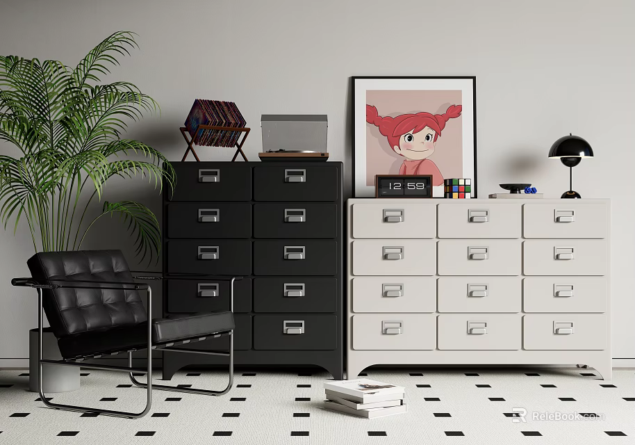 Modern Entryway Cabinet And Side Cabinet With Black White Design Green Plant And Art Painting 3d model 