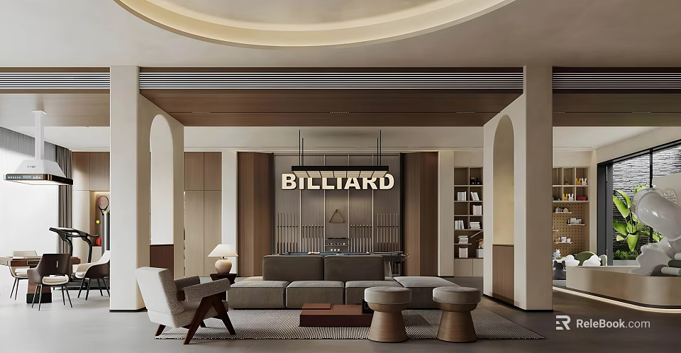 Modern Entertainment Room Interior With Billiard Table Sofa And Bookshelves 3d model 
