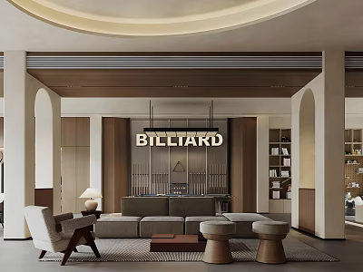 Modern Entertainment Room Interior With Billiard Table Sofa And Bookshelves 3d model