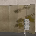 Elegant Folding Screen With Pine Tree Pattern And Beige Background With White Floor Lamp 3d model