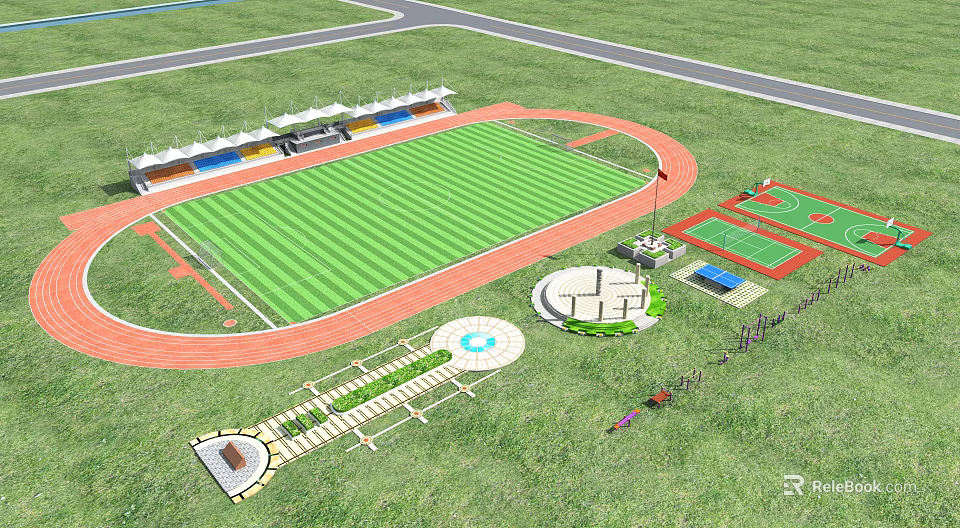 Green Lawn Football Field With Red Running Track And Colorful Grandstand Seats 3d model 