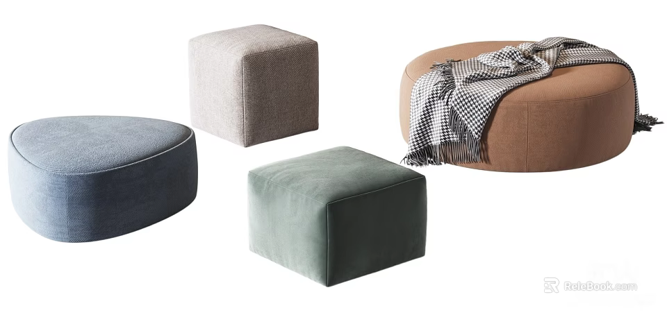 Modern Ottoman Poufs in Round Square Shapes with Soft Fabric and Cozy Textile Covers 3d model 
