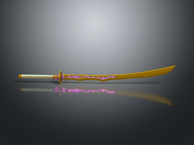 Golden Samurai Sword With White Gold Handle And Pink Blade Patterns On Black Background 3d model