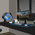 Gaming Desk Setup With RGB Lighting Monitor And Blue Gaming Chair Near Window Blinds