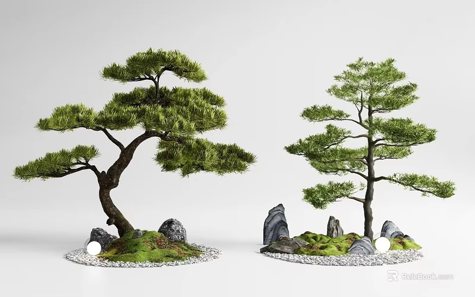 Artistic Two Bonsai Tree Plant Combinations With Stones Moss And Small Lights 3d model 