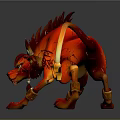 Red Lion Shaped Mythical Creature With Fiery Tail Horns Tattoos Golden Ornaments And Dynamic Pose