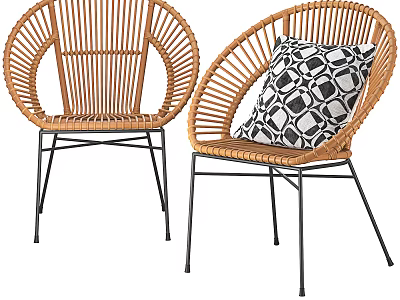 Natural Wicker Leisure Chairs With Black Metal Legs And Geometric Pattern Cushion 3d model