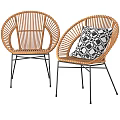 Natural Wicker Leisure Chairs With Black Metal Legs And Geometric Pattern Cushion