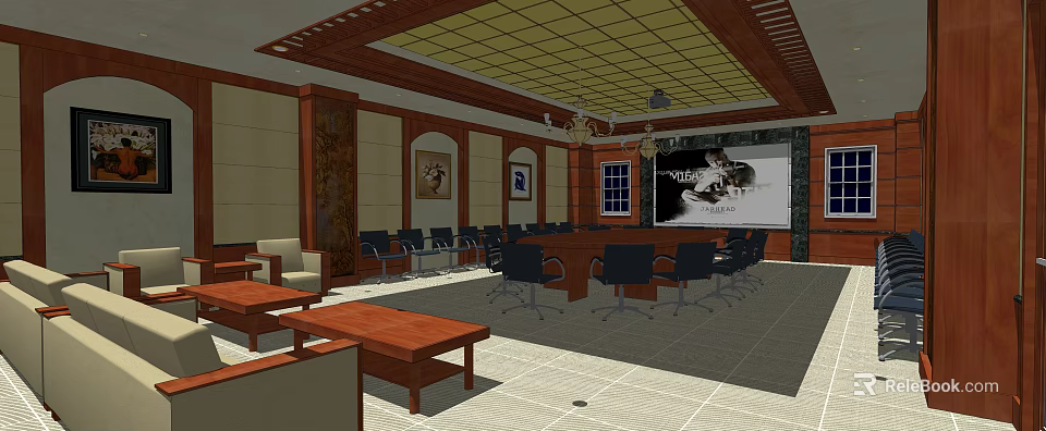 Elegant Conference Room Interior With Wooden Decor Chandelier Conference Table And Large Screen 3d model 