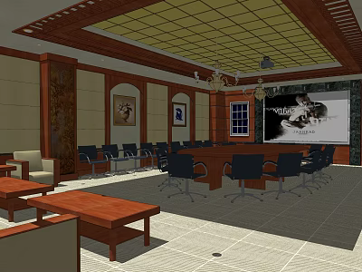 Elegant Conference Room Interior With Wooden Decor Chandelier Conference Table And Large Screen 3d model