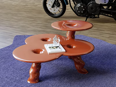 Orange Two Tiered Coffee Table With Round Cutouts And Book Small Ornament On Purple Rug 3d model