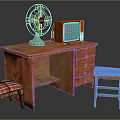 Rustic Wooden Furniture Set Featuring Desk Chair Stool Green Fan And Vintage TV