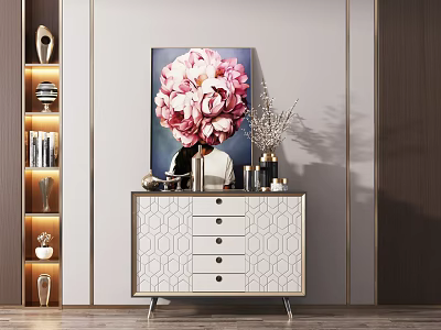 Entryway Console Table With Geometric Drawers White Gold Finish Pink Flower Painting And Decorative Items 3d model