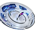 Modern Technology Exhibition Space With Circular Platform Blue Lighting And Digital Screens