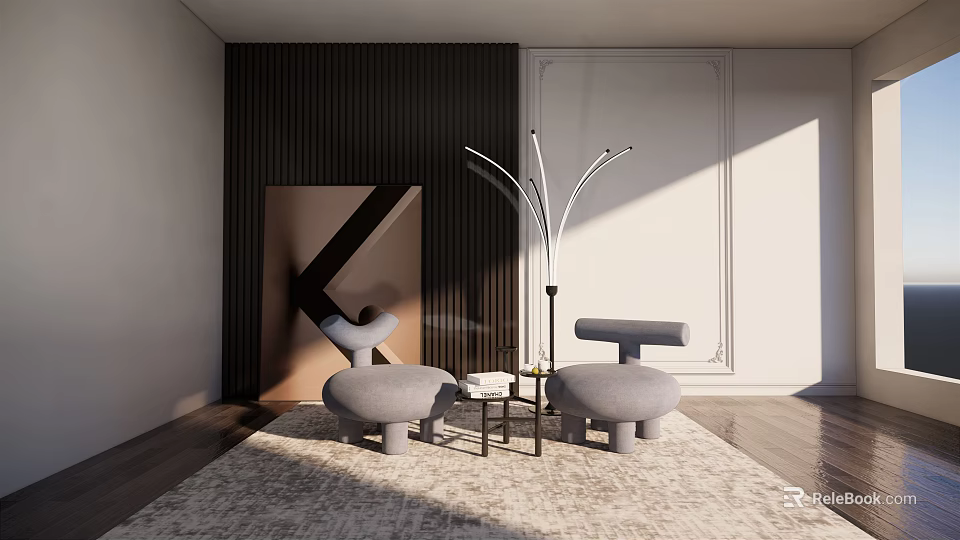 Modern Gray Leisure Sofa Set In Living Room With Floor Lamp And Rug 3d model 