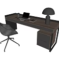 Modern Wooden Desk with Black Frame Laptop Coffee Cup Tablet Table Lamp and Gray Chair