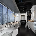 Modern Dessert Shop Interior With Black Ceiling White Brick Bar And Hanging Pendant Lights