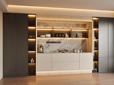 Modern Sideboard Design With Marble Backsplash LED Lighting And Storage Cabinets 3d model