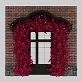 Black Door Awning With Red Flower Garlands And Decorative Lights On Red Brick Wall
