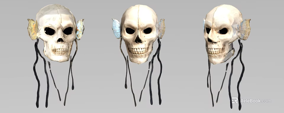 Skull Sculpture Carving With Decorative Wings And Black Tassels Design 3d model 