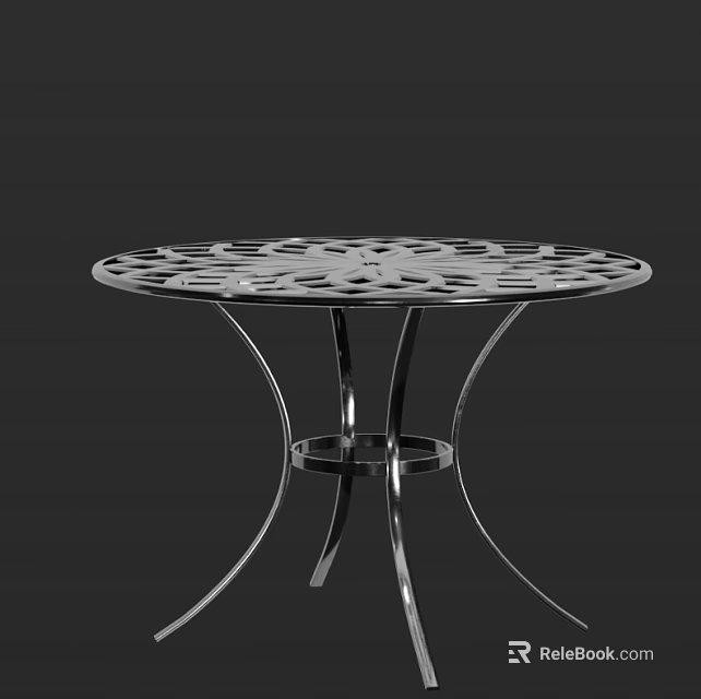Modern Round Metal Table With Hollow Out Pattern Tabletop And Curved Silver Legs 3d model 