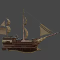 Ancient Sailing Ship with Wooden Hull and Decorative Carvings White Sails Featuring Emblem Design