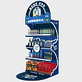 Blue Multi Tiered Display Shelf With Beverages Bottled Drinks And Boxed Snacks 3d model