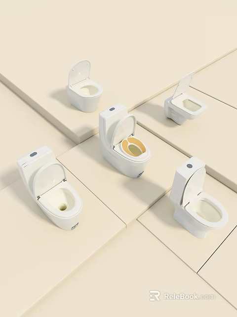 Modern Toilet Designs With Different Styles Displayed On Beige Platforms 3d model