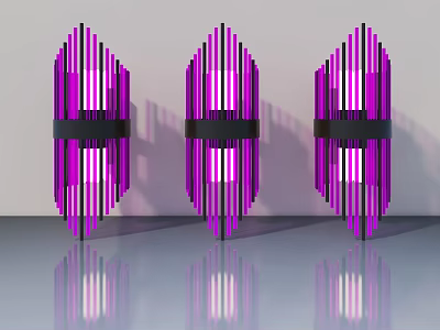 Three Purple Decorative Hinged Doors Side By Side With Vertical Strips Lighting And Reflection 3d model